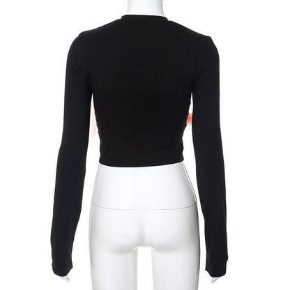 Long sleeve crewneck bowknot mesh contrast top