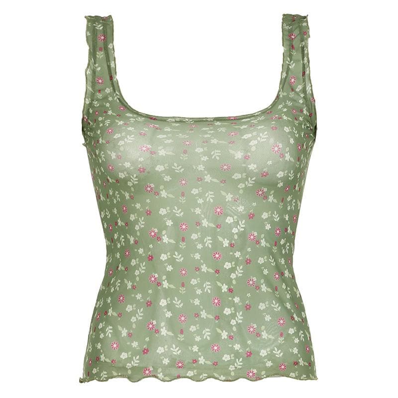 Square neck ruffle sheer mesh flower print tan tank top