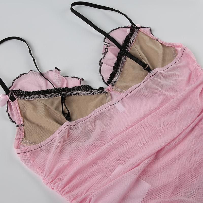 Sheer mesh ruffle drawstring cami top