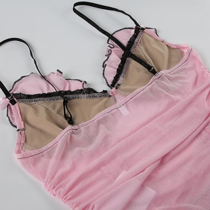 Sheer mesh ruffle drawstring cami top