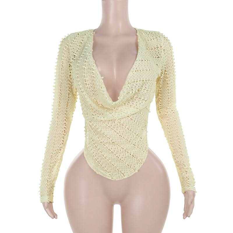 Cowl neck long sleeve irregular hollow out cut out top