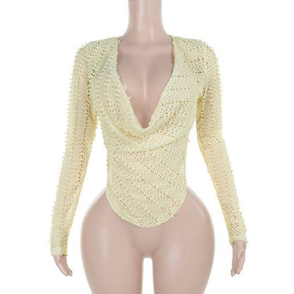 Cowl neck long sleeve irregular hollow out cut out top