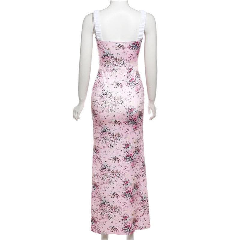 Ruched flower print contrast sleeveless v neck maxi dress-final-sale