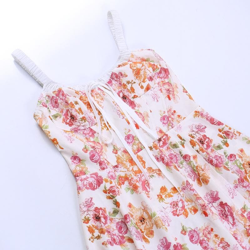 Floral Print Ruched Tie Neck Wide Strap Sleeveless A-Line Maxi Dress
