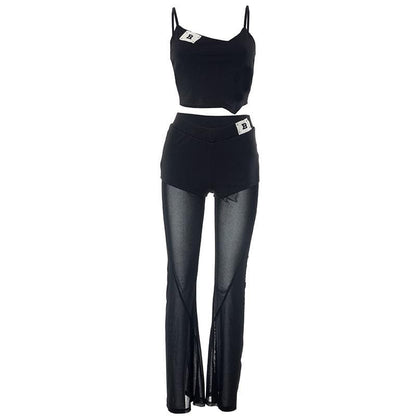Mesh patchwork letter pattern cami pant set