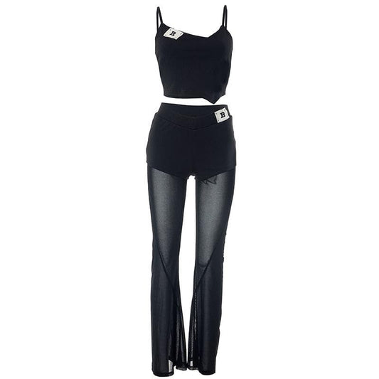 Mesh patchwork letter pattern cami pant set
