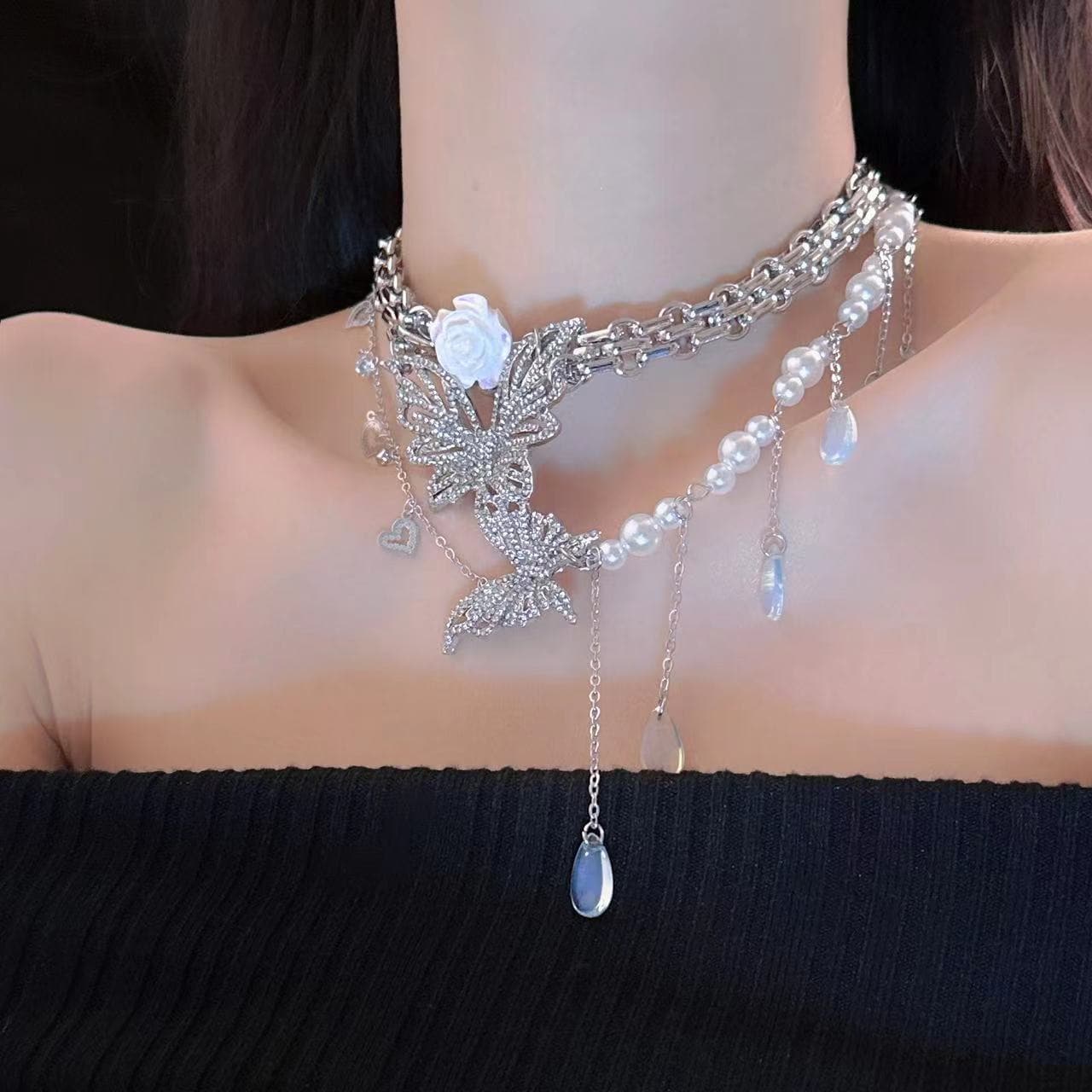 Butterfly rose faux pearl pendant layered choker necklace