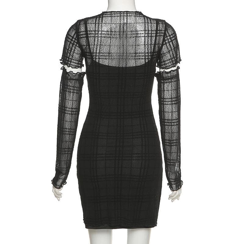 Ruffled mesh plaid long sleeve dress