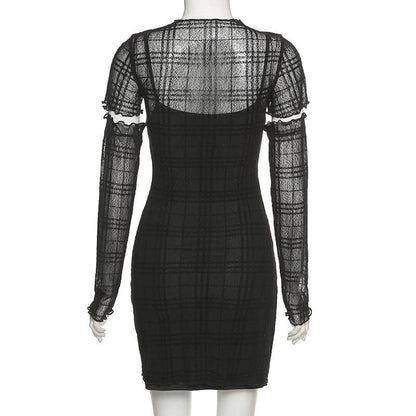 Ruffled mesh plaid long sleeve dress