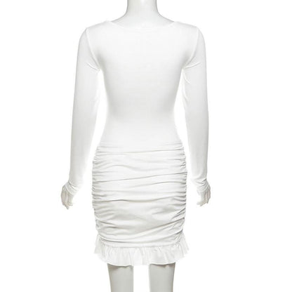 Long sleeve u neck ruched ruffle mini skirt set