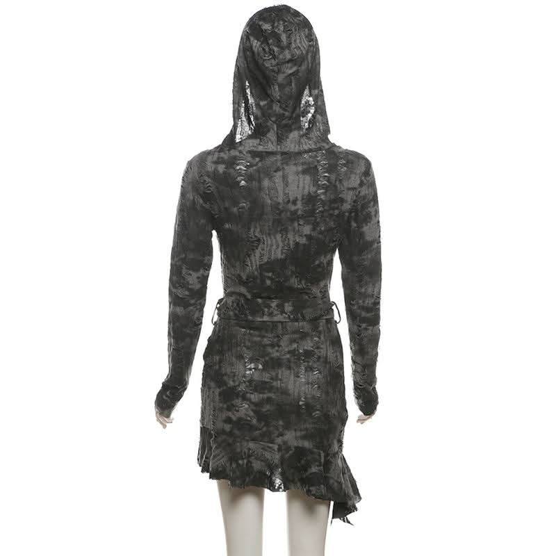 Hoodie long sleeve belt hollow out cut out mini dress