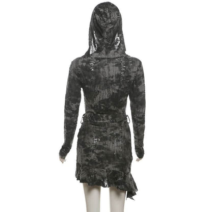 Hoodie long sleeve belt hollow out cut out mini dress