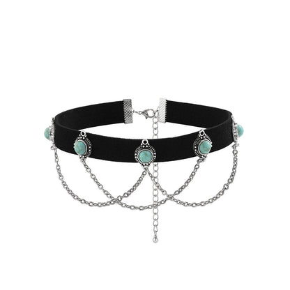 Stone pendant velvet layered choker necklace