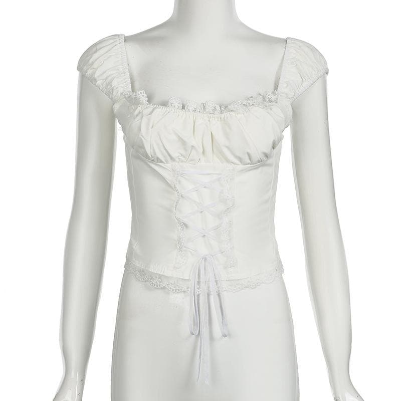 Cap sleeve lace hem lace up ruched top