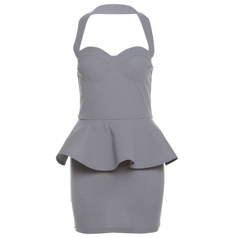 Halter ruffle v neck zip-up backless solid mini dress