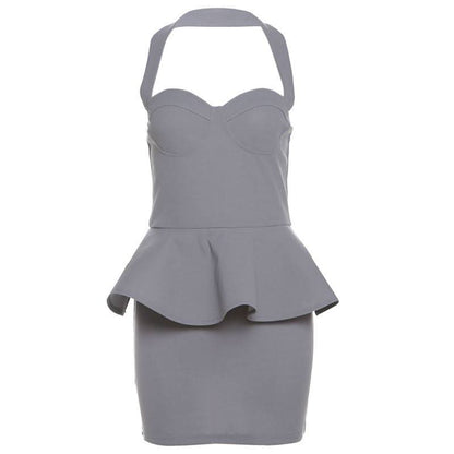 Halter ruffle v neck zip-up backless solid mini dress