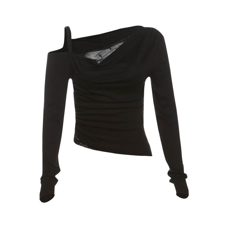 Irregular long sleeve ruched lace hollow out cut out top