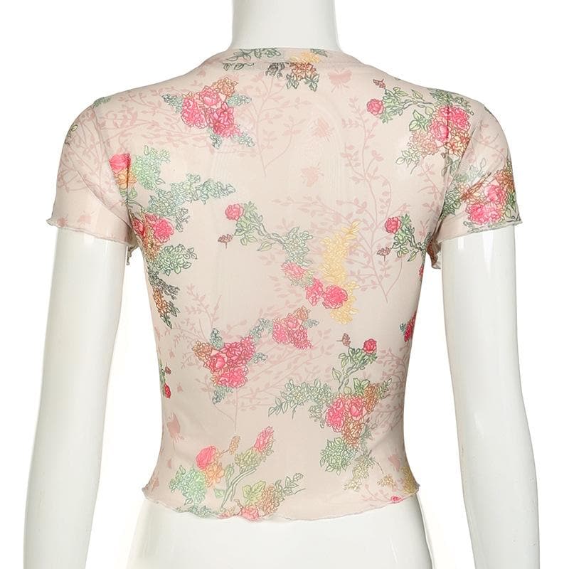 Short sleeve flower print ruffle sheer mesh top