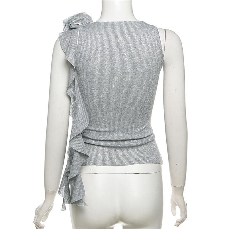 Crewneck flower applique glitter ruffle top