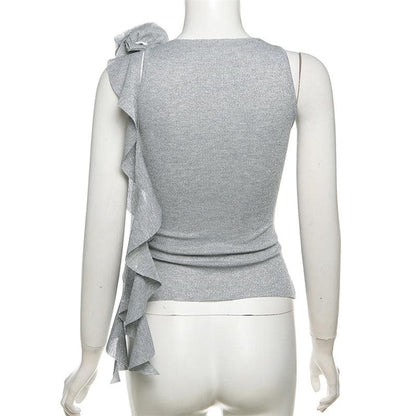 Crewneck flower applique glitter ruffle top