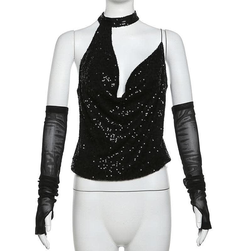 Halter gloves button glitter cowl neck irregular top-final-sale