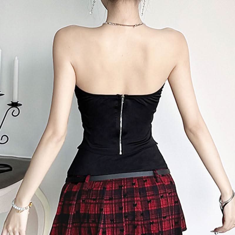 Sweetheart neck plaid buckle top