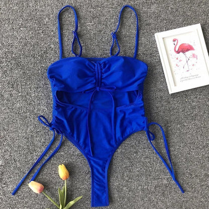 Hollow out drawstring one piece swimwear