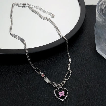 Heart pendant chain rhinestone necklace