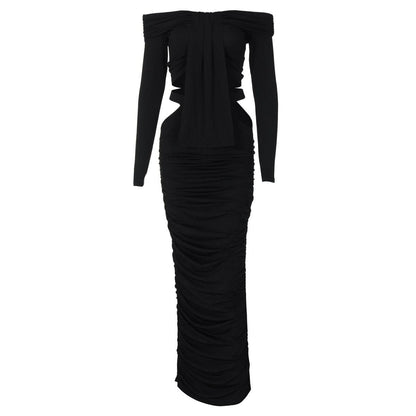 Off shoulder long sleeve hollow out cut out maxi dress