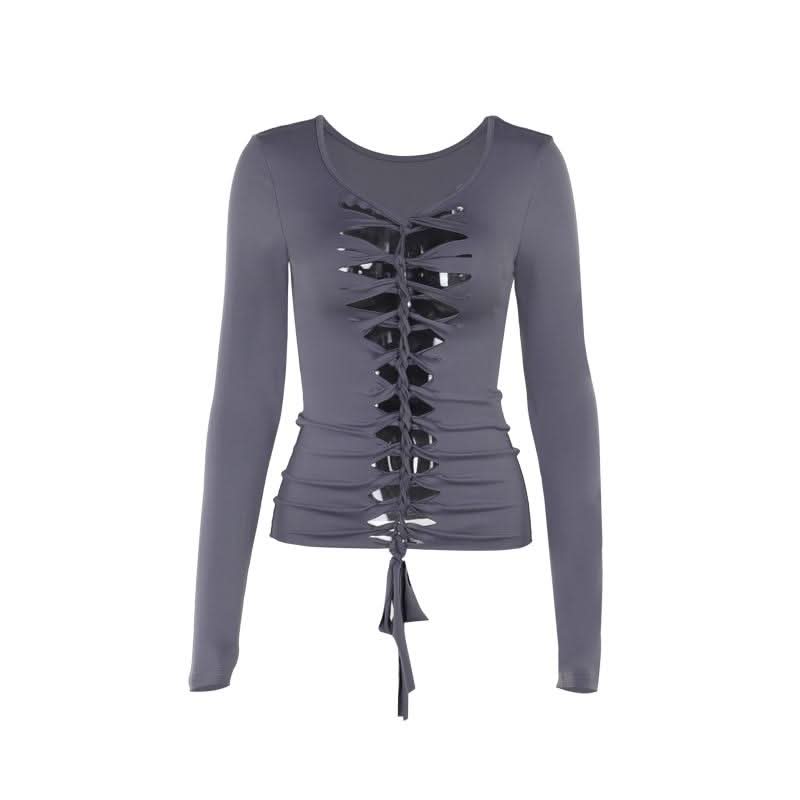 Long sleeve hollow out v neck self tie solid cut out top