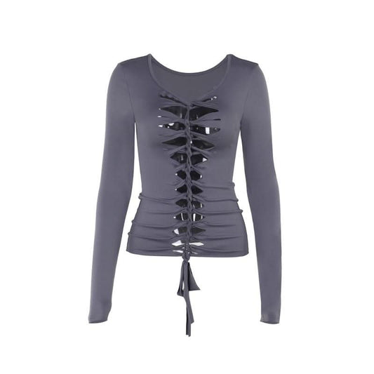 Long sleeve hollow out v neck self tie solid cut out top