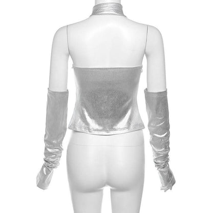 Metallic gloves zip-up tube top