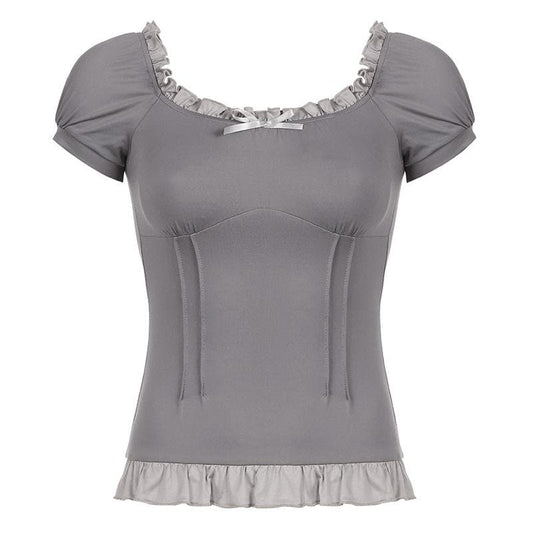 Short puff sleeve stitch ruffle bowknot top