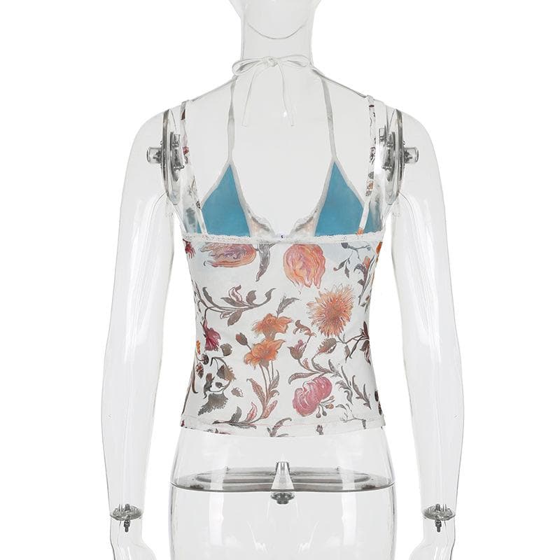 Halter contrast bowknot mesh top