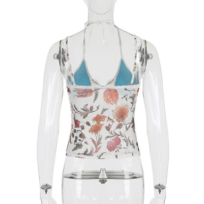 Halter contrast bowknot mesh top