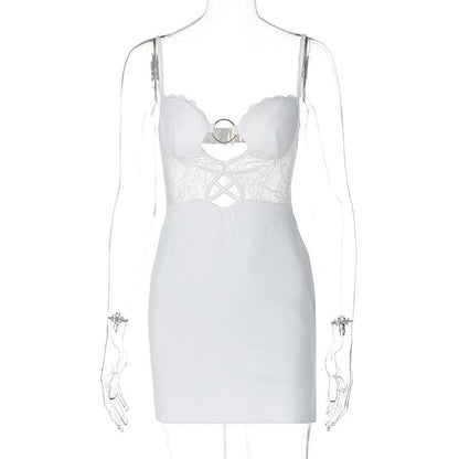 O ring lace ruched button backless cami mini dress