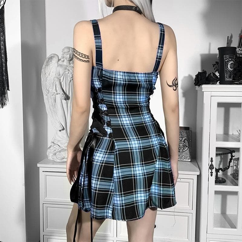 Plaid Print Lace Up Side Tie Spaghetti Strap Mini Dress