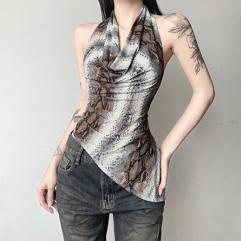Snakeskin print halter ruched top