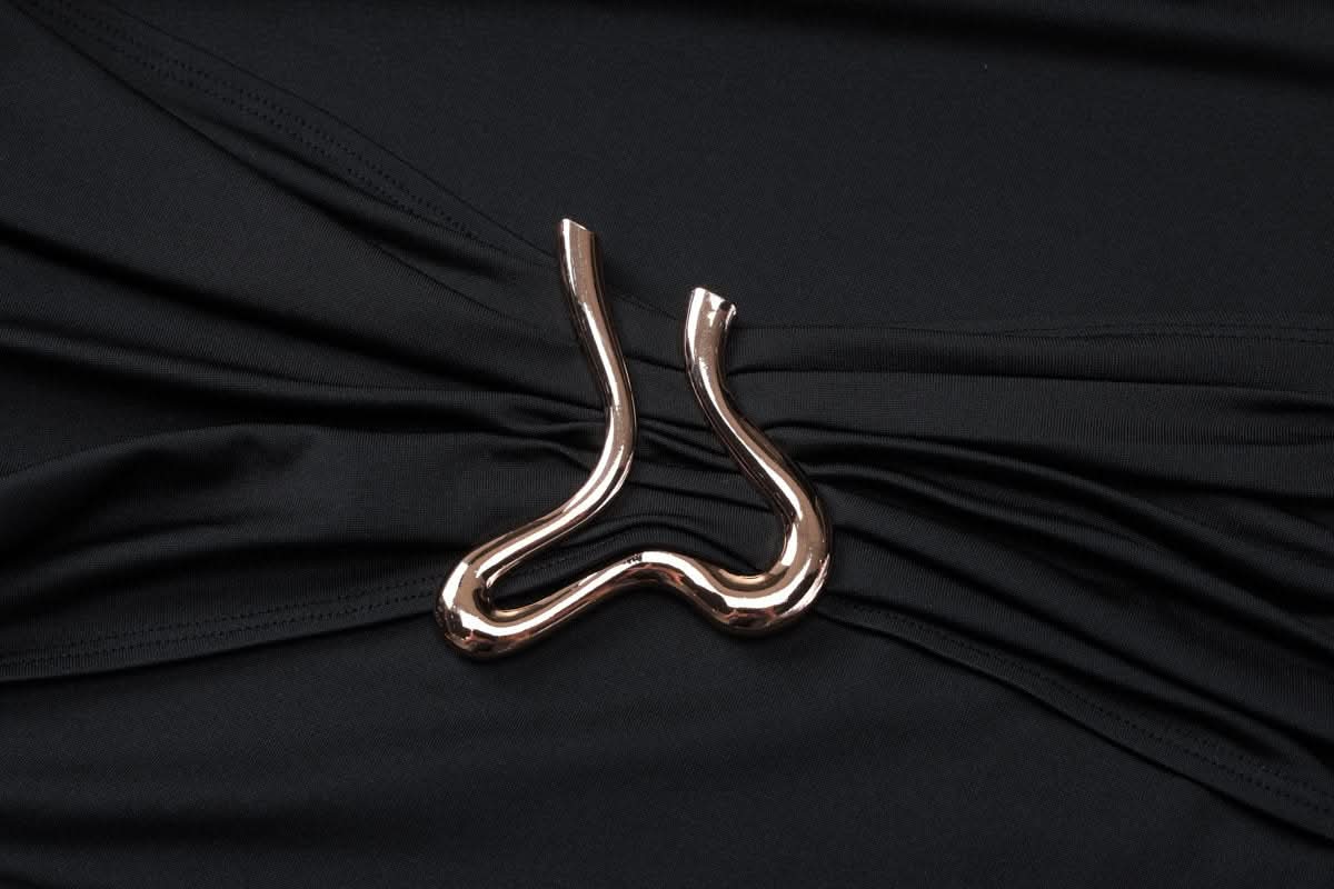 Long sleeve crewneck padded metal applique maxi dress