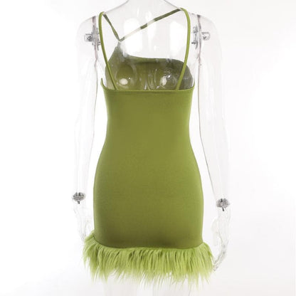 Solid irregular feather patchwork backless mini dress