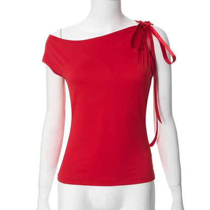 Self tie off shoulder solid irregular top