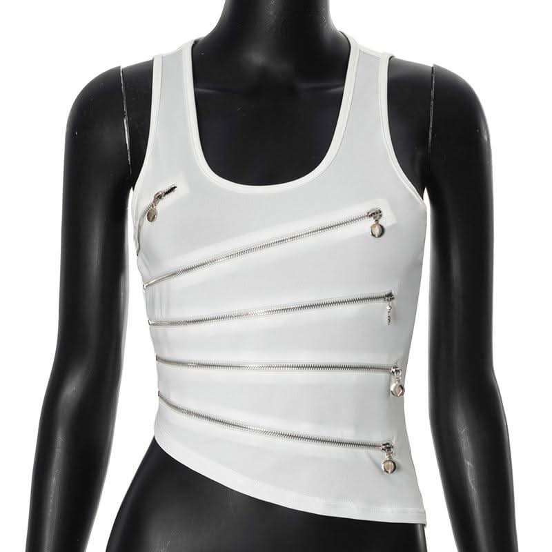 Zip-up hollow out u neck irregular solid cut out top