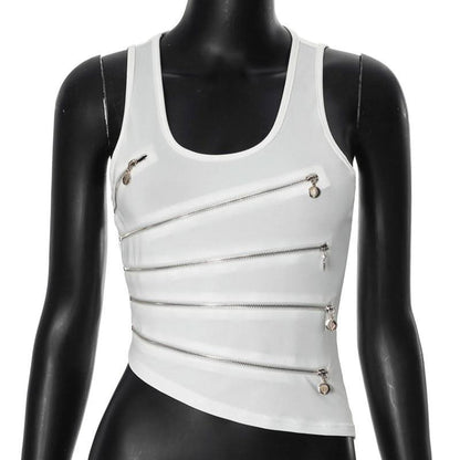 Zip-up hollow out u neck irregular solid cut out top