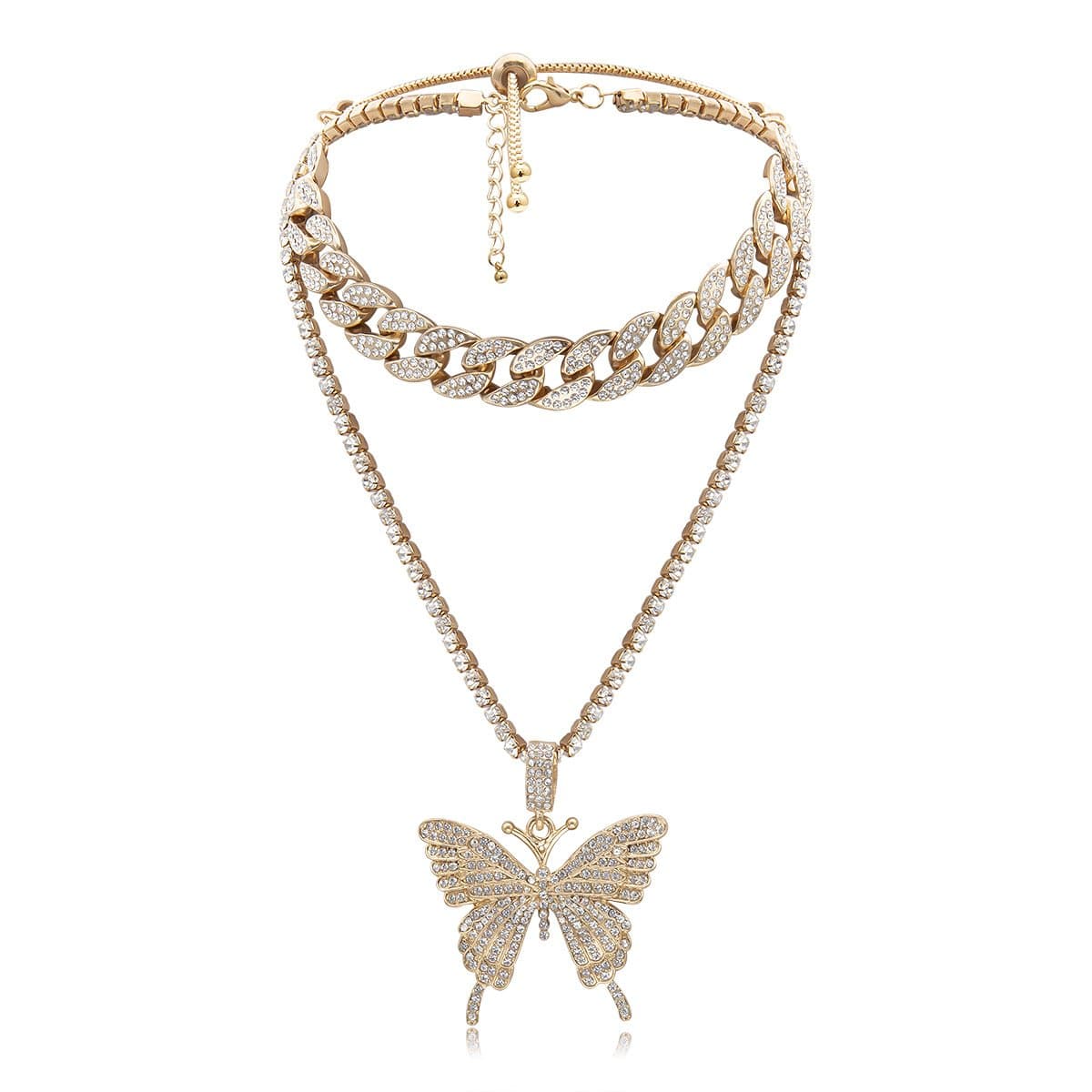 Butterfly pendant rhinestone cuban 2pcs necklace