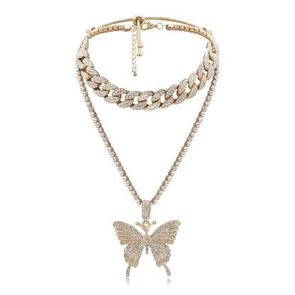 Butterfly pendant rhinestone cuban 2pcs necklace