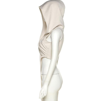 Sleeveless solid irregular ribbon hoodie ruched crop top