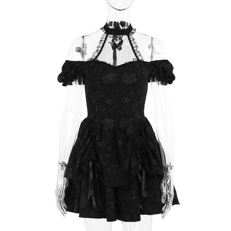 Short sleeve halter off shoulder butterfly flower pattern lace mini dress