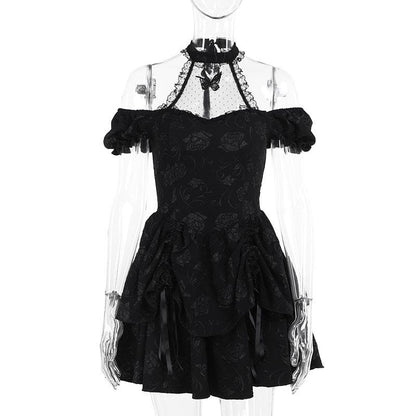Short sleeve halter off shoulder butterfly flower pattern lace mini dress