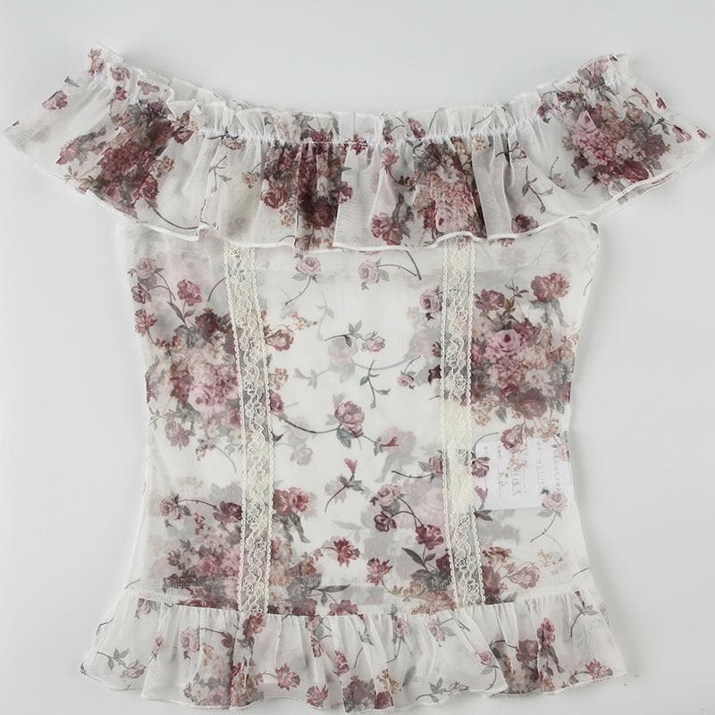 Off shoulder ruffle mesh flower print top