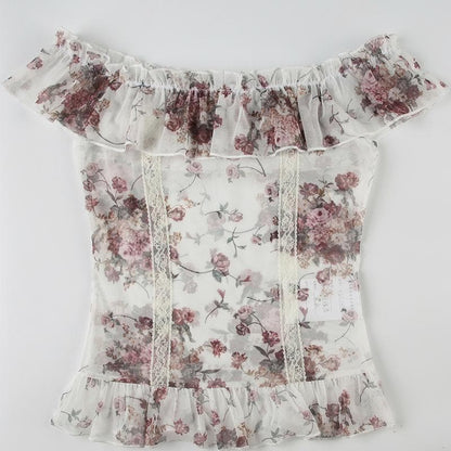 Off shoulder ruffle mesh flower print top